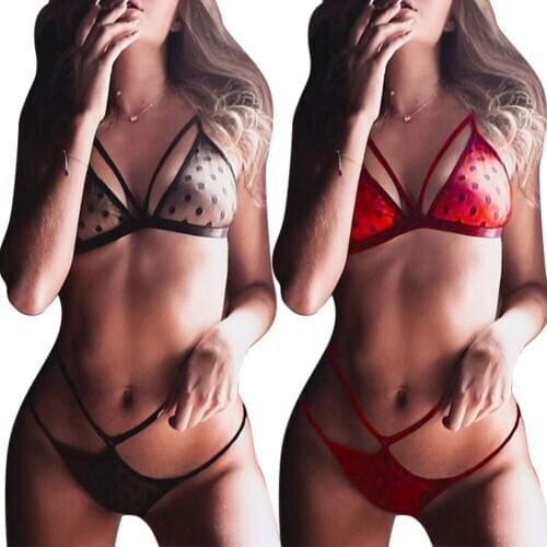 Women Sexy Lingerie Exotic Sets Lace See Through Strappy Cut Out Lingerie Set Polka Dot Bra Push Up Thong 2 Piece Sets