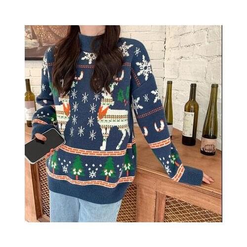 3 Colors Women Christmas Sweater Moose Red Pullovers Autumn New O-Neck Long Sleeve Loose Outer Sweatshirts Thickened Streetwear