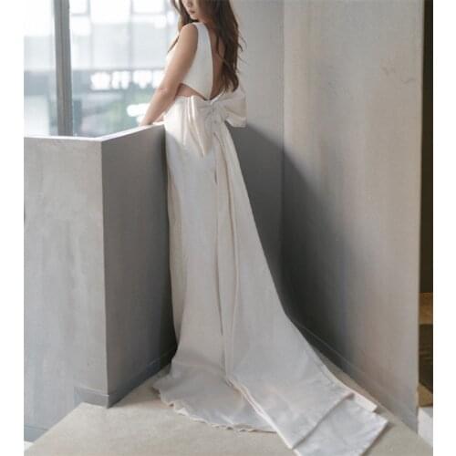 Soft Satin Mermaid Simple Sleeveless Sexy Vintage Sweep Train Bow Backless Wedding Gown Wedding Dress Bride robe de mariée