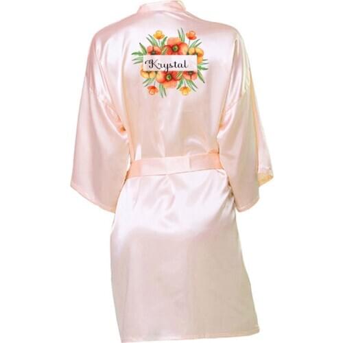 Women Silk Satin Long Custom Name Flower Print Wedding Bride Bridesmaid Robe Kimono Robe Bathrobe