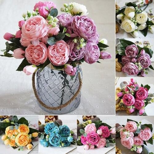 5 Heads Artificial Rose Peony Bouquet Fake Simulation Flowers Home Wedding Decor