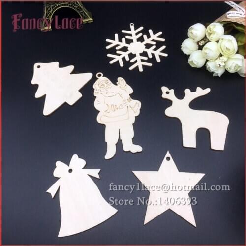 50pcs Assorted christmas tree ornament wooden snowflakes Jingle Bell Gift Tag Wood Ornament for Weding Christmas DIY Accessories