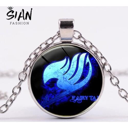 SIAN New Arrival Fairy Tail Logo Necklace Fashion Charm Blue Fairy Tail Glass Pendant Long Chain Handmade Men Womens Necklaces