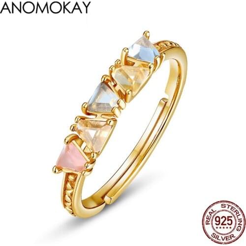 Anomokay Multi-Color Prong Setting Crystal Gold Color Ring for Women Gift Real Sterling 925 Silver Free Size Ring Luxury Jewelry