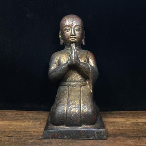 9"Tibet Temple Collection Old Bronze Lacquer Cinnabar Kneeling buddha Piety worship Bench buddha Enshrine the Buddha Town House