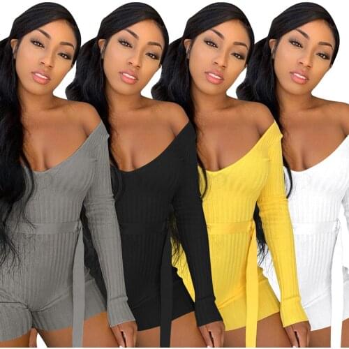 Knit Long Sleeve V Neck Jumpsuit With Sashes Woman Bodycon Body Suits One Piece Romper Spring Womens Clothing Lounge Wear 2021