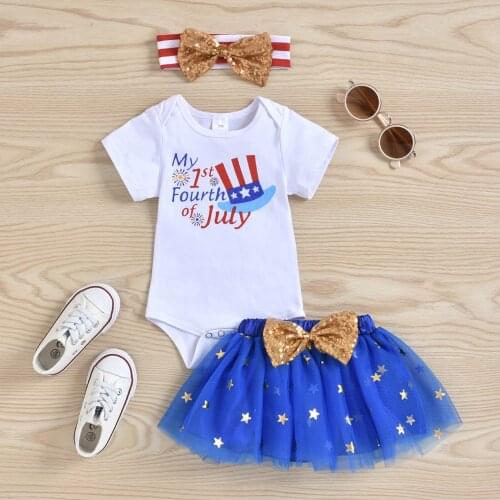 Summer Toddler Kids Girls America 4th-of-July Romper Outfit Newborn Infant Baby Girl Boy Letter Romper Tops +Skirt Clothes