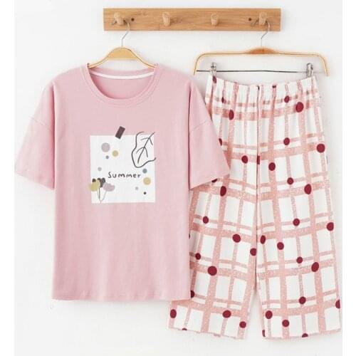 Summer Pyjama Women Pajama Set Cotton Short Sleeve T-shirt & Cropped Trousers Suit Home Suit Pajamas 2 Pieces Loungewear