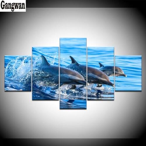 5 Pcs set Jumping Dolphins Animal Painting diamond rhinestone full diamond embroidery Blue Seascape sale mosaic icon hobby craft