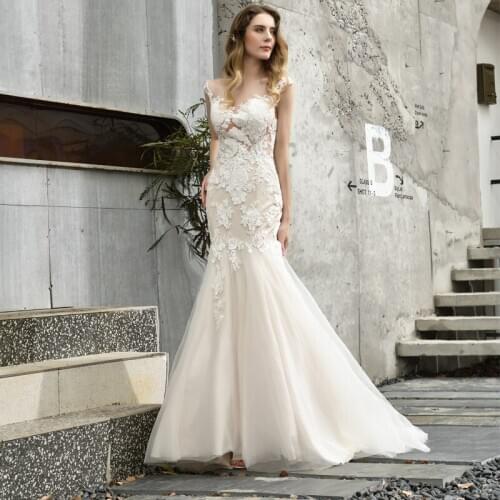 New Fashion 2020 Mermaid Wedding Dress Lace applique Sheer Back Custom made Tulle Elegant Bridal Wedding Gown for Weddings