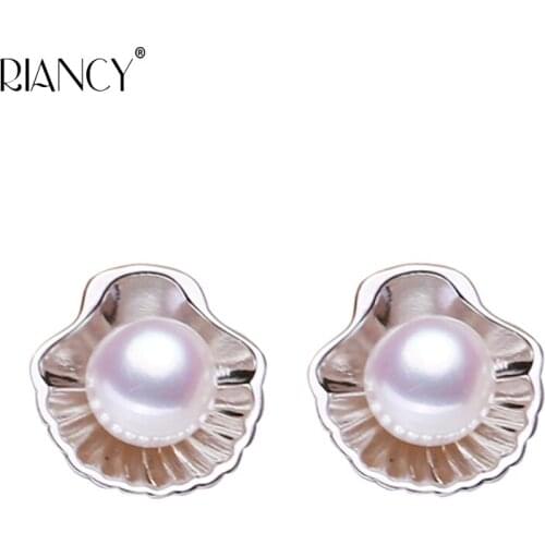 New Fashion Natural Freshwater black Pearl Stud Earings Shell shape pearl Jewelry For Women wedding gift