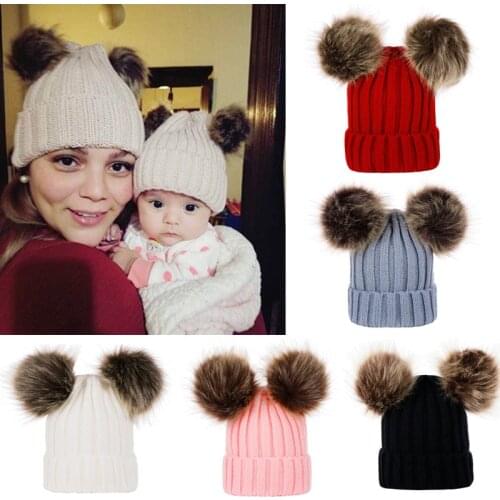2021 Brand New Baby and Mom Kids Girls Boys Winter Warm Knit Hat Furry Balls Pompom Solid Warm Cute Lovely Beanie Cap Gifts