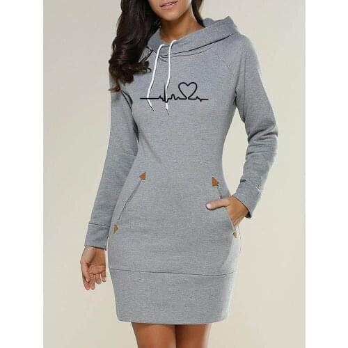 Autumn and Summer Thin Hoodie Plain Hooded Sweatshirt Cord Tunic Hoodies Dress Women Casual