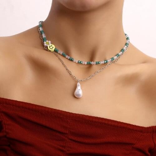 Colorful Glass Beads Choker Necklace Imitation Pearl Pendant Layered Necklaces Female Flower Smiley Charm Clavicle Chain 2021