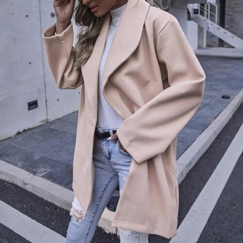 Women Elegant Long Wool Coat Solid Color Long Sleeve Chic Outerwear Ladies Overcoat Autumn Winter