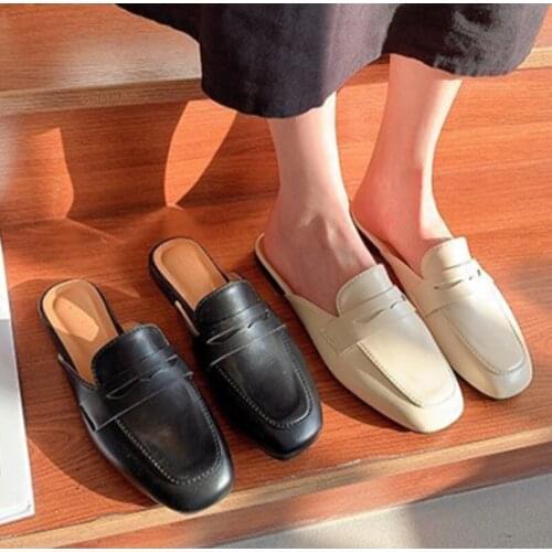 Slippers Womens Autumn Square Toe Low Heels Flat Muller Shoes PU Leather Closed Toe Ladies Slides Female Slip On Casual Shoe