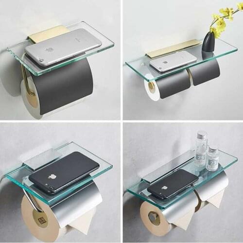 Bathroom Wall Mount Toilet Paper Holder Stainless Steel glass Roll Paper Stand Case Phone Storage Rack Shelf Adhesive Tissue Box