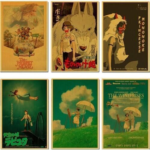 Vintage Cartoon Anime Hayao Miyazaki Totoro Spirited Away Poster Cafe Kid Home Decor Retro Kraft Paper Wall Sticker