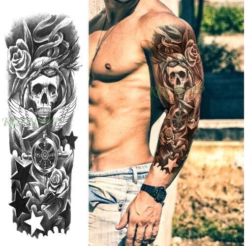 Waterproof Temporary Tattoo Sticker skull rudder rose flower vine stars full arm fake tatto flash sleeve tatoo for men women