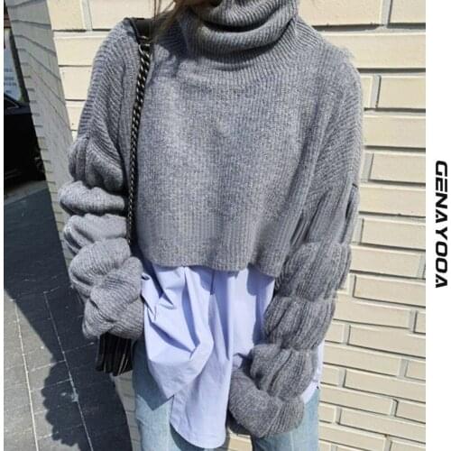 Genayooa Chic Lantern Sleeve Turtleneck Women Sweater 2021 Autumn Winter Streetwear Short Korean Pullover Jumpers Ladies Fashion