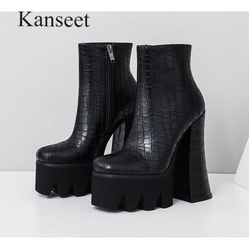 Kanseet Platform Women Boots 2021 Sexy Super High Heels Ladies Shoes Fashion Round Toe Winter Ankle Boots Black Plus Size 34-42
