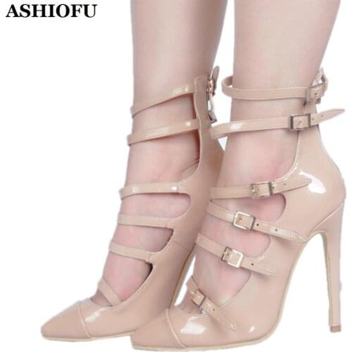 ASHIOFU Handmade New Hots Ladies Stiletto High Heel Pumps Buckle Straps Party Dress Shoes Pointed-toe Sexy Evening Fashion Shoes