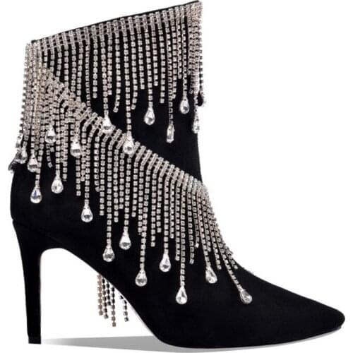 Womens Suede Leather Tassels Rhinestones Crystal Diamond Ankle Boots Stilettos High Heel Shoes Black Plus Size 34-45 New