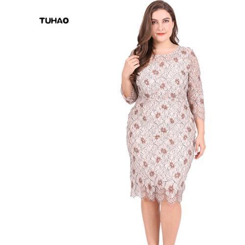 TUHAO 2018 Autumn Winter Sweet Elegant Womens Dresses Plus Size 6XL 5XL Office Lady Lace Hollow Out Pencil Dress Female SJ04