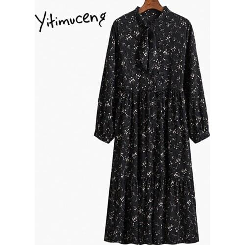 Yitimuceng A-Line Dresses for Women Floral Bow Long Sleeve Vintage Black Beige Red Elastic Waist Plus Size 2021 Spring Clothing