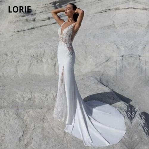 LORIE Beach Wedding Dresses Appliques Lace V-Neck Soft Satin Summer Sexy Mermaid Boho Bride Gown 2021 vestidos de novia
