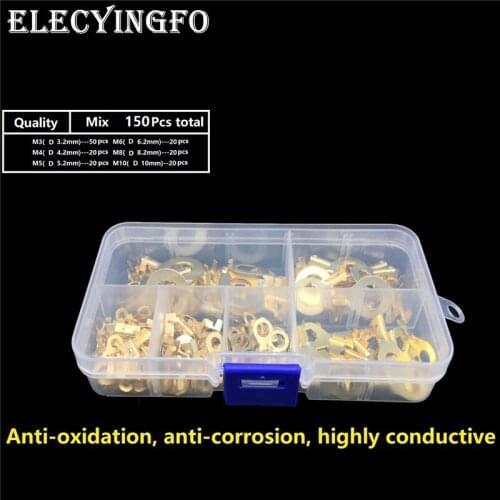 150PCS M3 M4 M5 M6 M8 M10 Ring Lugs Ring Eyes Copper Crimp Terminals Cable Lug Wire Connector Non-insulated Assortment Kit