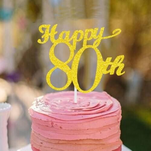 5 Pcs/set Cute Glitter Gold Black Happy 80th Paper Cake Cupcake Toppers Happy Birthday Party Cake Decoration Supplies