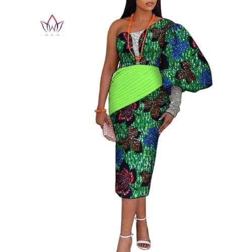 Bintarealwax African Traditional Clothing for Women Pachwrok One Sleeve Women Dress Dashiki Plus Size Sexy Party Dress WY9313