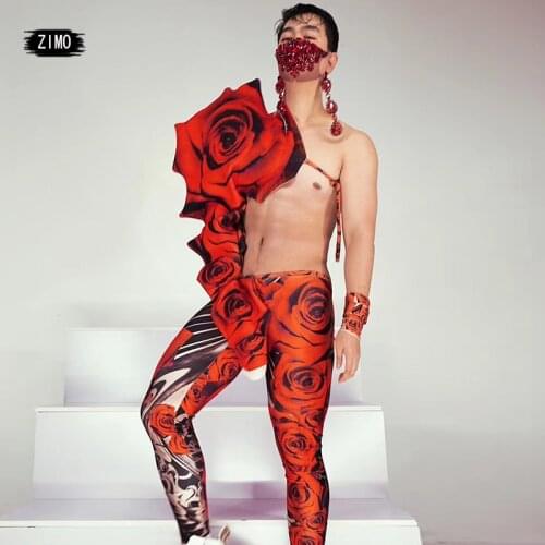 3D Red Rose Print trousers suit Tights man DJ bar dance Party nightclub Singer Performance Stage Costume festival outfit PANTS