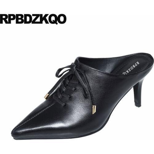 Black sexy high heels stiletto european designer shoes lace up size 4 34 ladies pumps genuine leather sandals pointed toe 3 inch