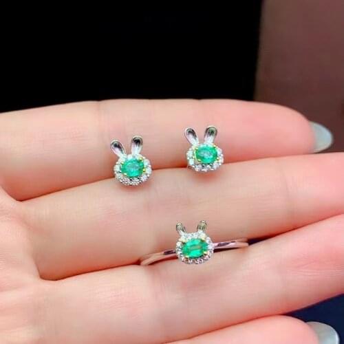Elegant lovely rabbit Natural green Emerald jewelry sets natural gem ring earrings S925 silver woman girl gift fine jewelry