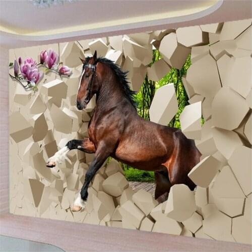Beibehang photo wallpaper 3D flooring stereoscopic Poqiang horses galloping into the room painting the living room TV backdrop