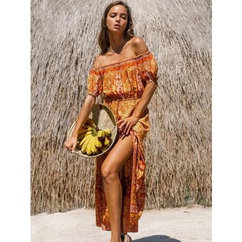 Jastie Gypsy Floral Print Dress Women off Shoulder Summer Dresses Hippie Chic Holiday Beach Dress Casual Sundress Vestidos 2020