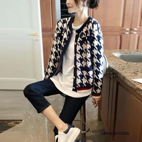 Women Plaid Pattern Cardigan Vintage Jumper 2021 Autumn Winter Oversized Knitted Cardigan Coat Chompas Para Mujer Sueter Mujer