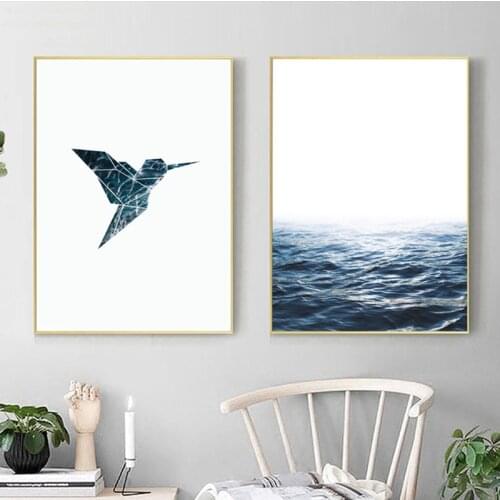 Blue Ocean Art Canvas Painting Sea Waves Wall Pictures For Home Nordic Seascape Decoracion, Geometric Artwork Bird Prints Poster
