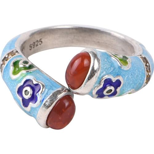 S925 pure silver jewelry fashionable ethnic style 925 silver gold-plated burnt blue with red agate auspicious cloud woman ring