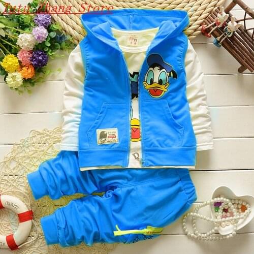 Korean new spring autumn boys girls clothes suit cartoon three-piece hooded vest+T-shirt+pants sports 3pcs childrens outwear