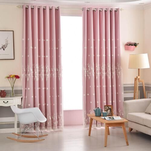 Fashion Solid Color Blackout Curtains For Living Room Bedroom Kitchen Pink White Embroidered Flowers Tulle Window Drapes