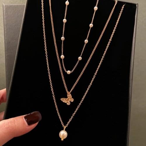New EN 2021 Korean New Arrival Cute Zircon Butterfly Choker Necklace For Women Multi Layer Pearl Short Collares Jewelry Kolye