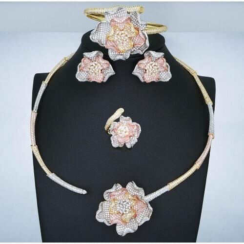 Newness Trendy Luxury 4PCS Flower African Choker Jewelry Sets For Women Wedding Full Cubic Zircon Dubai Bridal jewelry Set