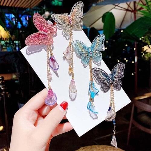 New Korean Butterfly Hairpins Yarn Elegant Metal Tassel Long Hair Clips For Baby Girls Hanfu Children Party Hair Accessories