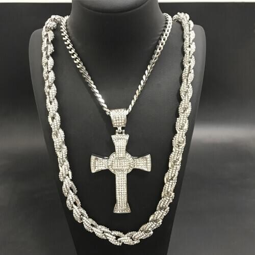 Hip Hop Men Silver Color Necklace Ice Out Cuban Crystal Miami Chain Mens Necklace And Pendent Combo Hip Hop For Men