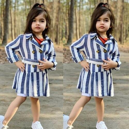 Toddler Kids Baby Girls Clothes Long Sleeve Dress Turn Down Collar Bow Sashes Blue Striped Dresses