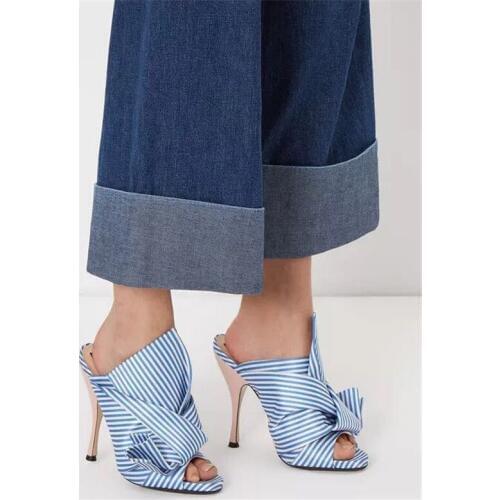 Luxury Design Blue White Stripes Slippers Sandals Ankle Strape Women Shoes Slide Flip Flops Butterfly-knot Mules Sandalias Mujer