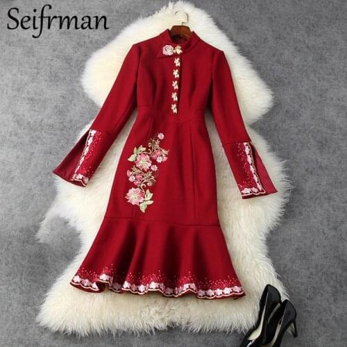 Seifrmann 2021 New Women Fashion Party Mermaid Dress Long Sleeve Embroidery Ruffles Elegant Slim Ladies Midi Dresses Vestidos